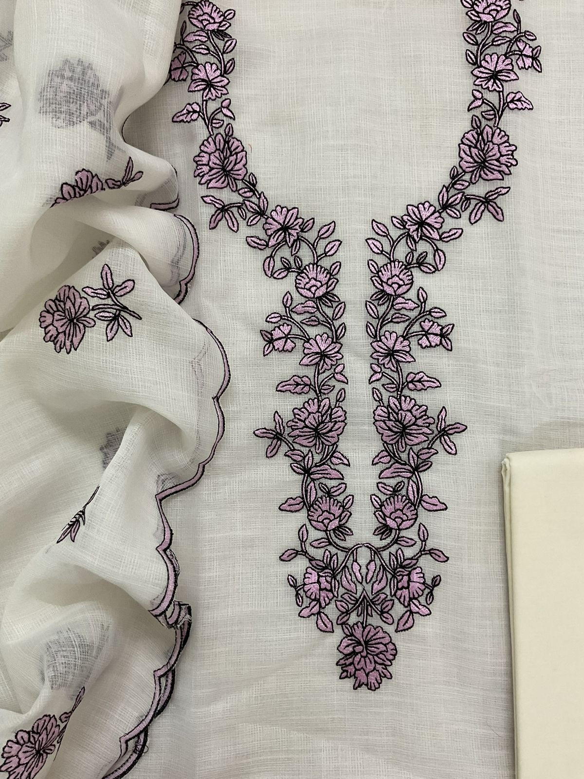 Soft Jute Kota Cotton Embroidered Suit - Off White