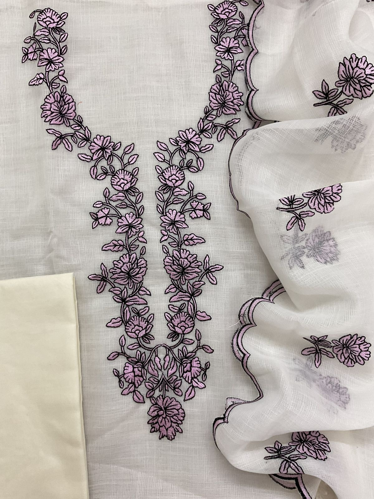 Soft Jute Kota Cotton Embroidered Suit - Off White