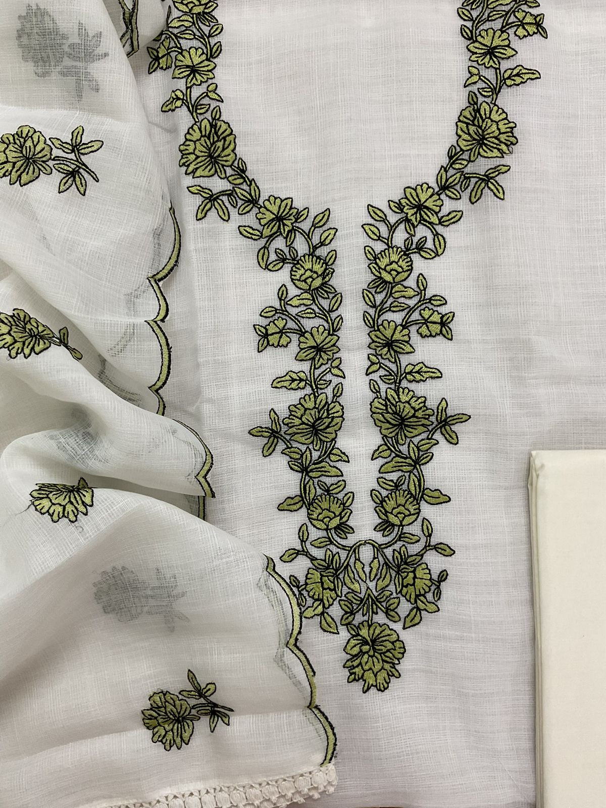 Soft Jute Kota Cotton Embroidered Suit - Off White