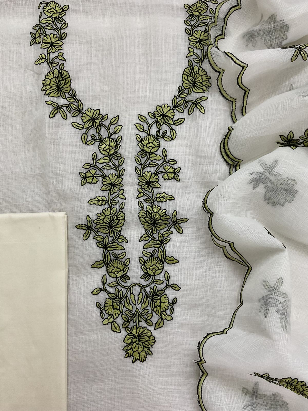 Soft Jute Kota Cotton Embroidered Suit - Off White