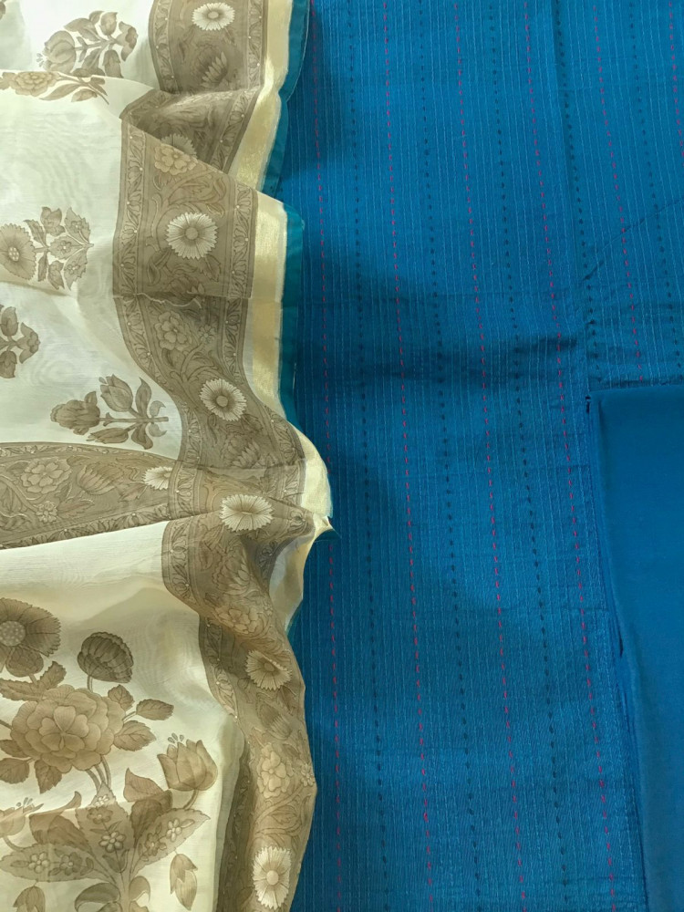 Image of Pure Mangalgiri Cotton Printed Embroidered Suit - Blue