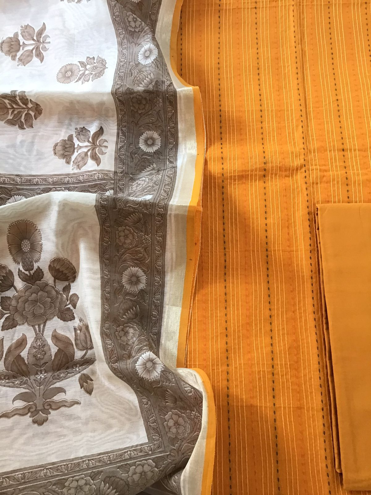 Pure Mangalgiri Cotton Printed Embroidered Suit - Orangish Yellow