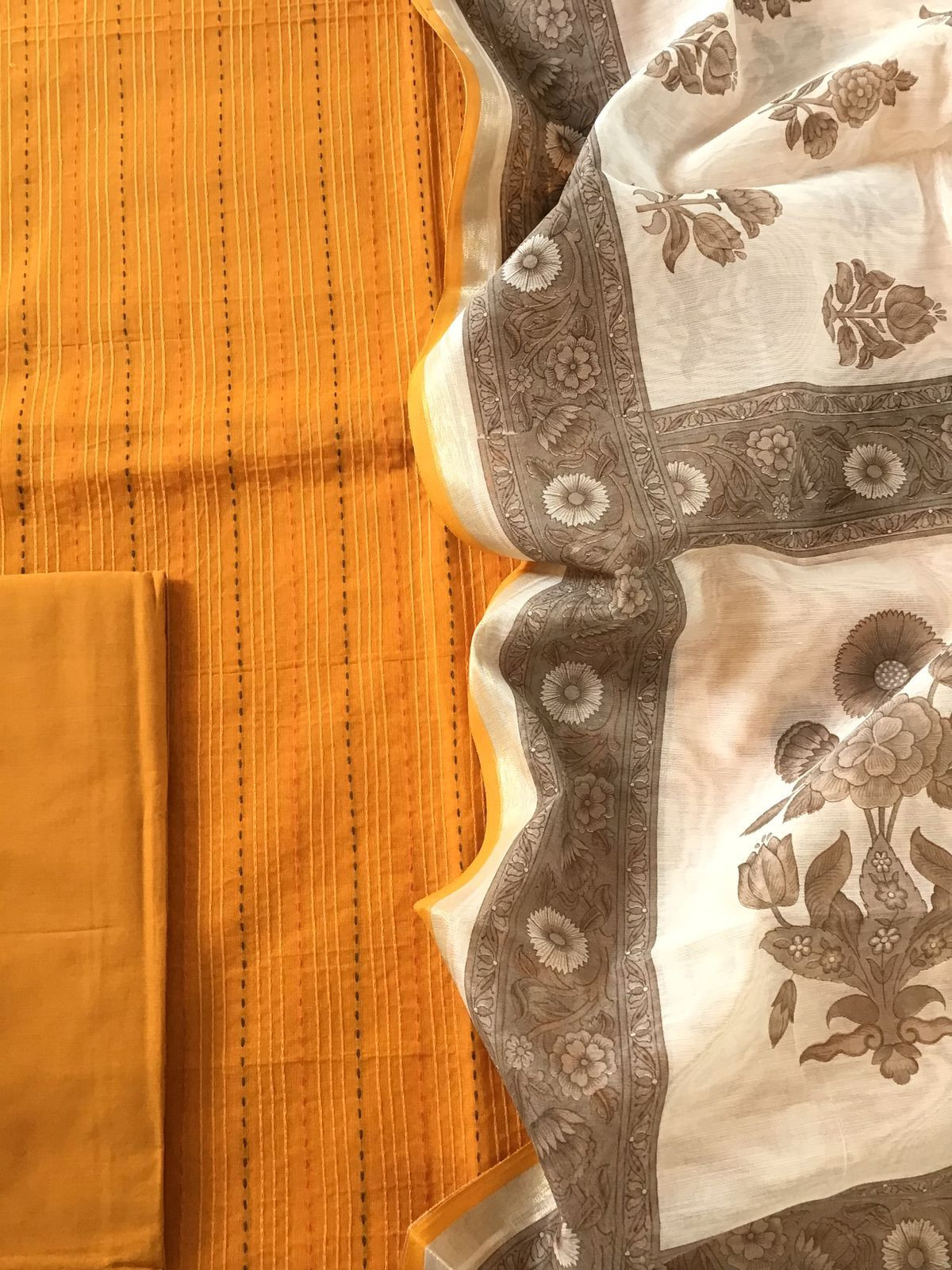 Pure Mangalgiri Cotton Printed Embroidered Suit - Orangish Yellow