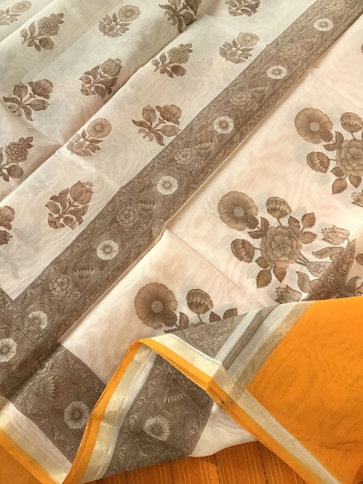 Pure Mangalgiri Cotton Printed Embroidered Suit - Orangish Yellow