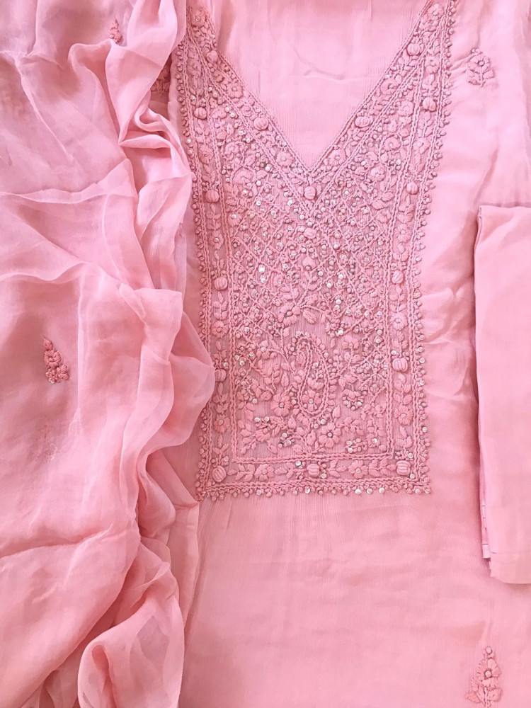 Image of Pure Chinnon Silk Embroidered Suit - Pink