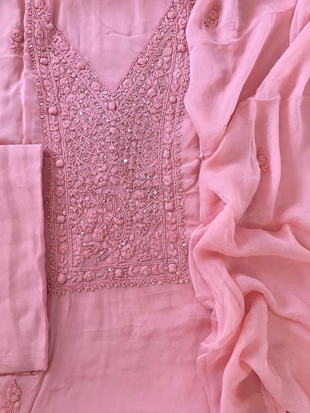 Pure Chinnon Silk Embroidered Suit - Pink