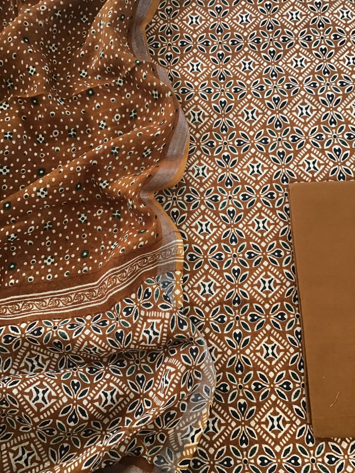 Pure Linen Jute Cotton Printed Suit - Brown