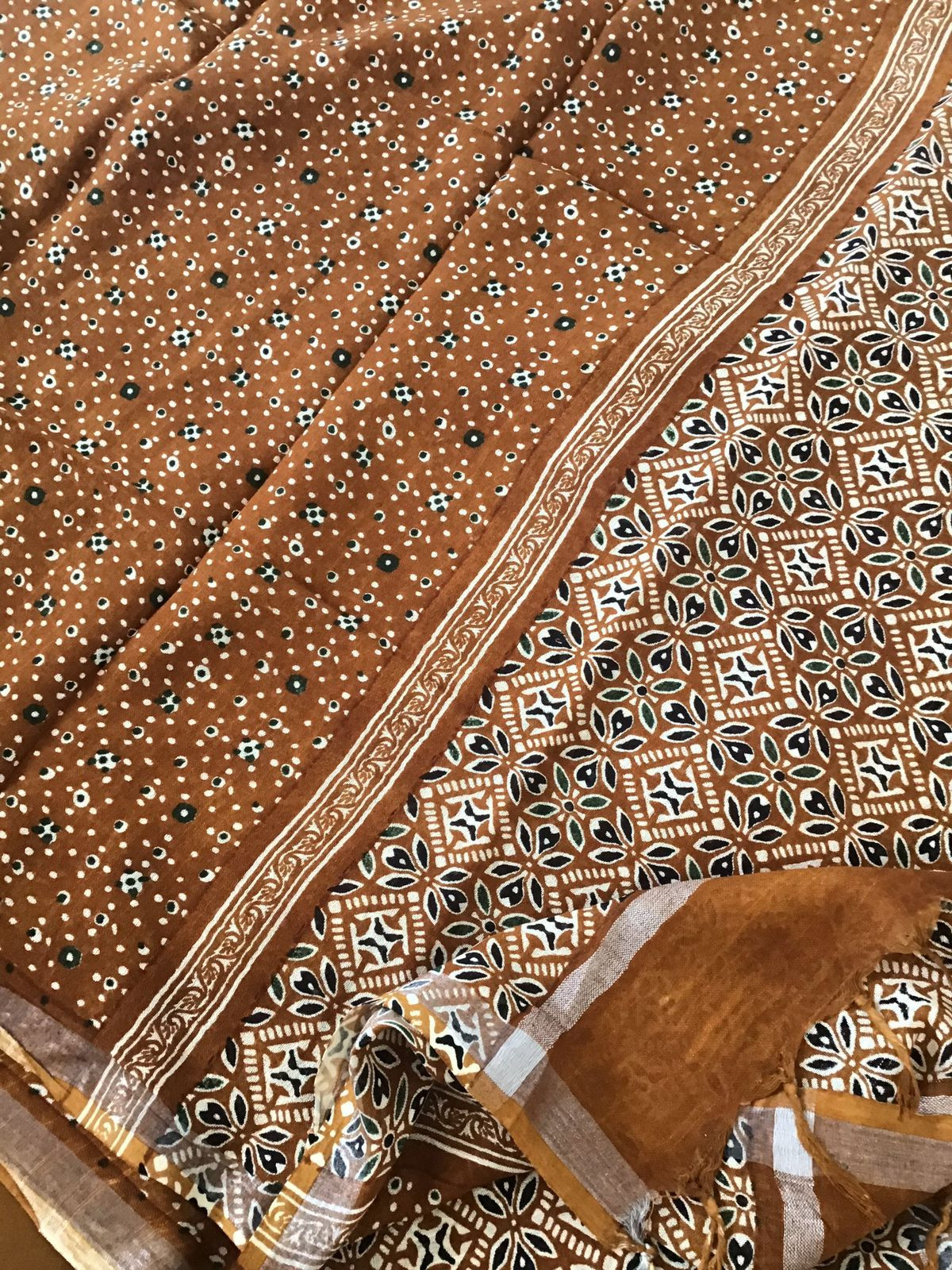 Pure Linen Jute Cotton Printed Suit - Brown