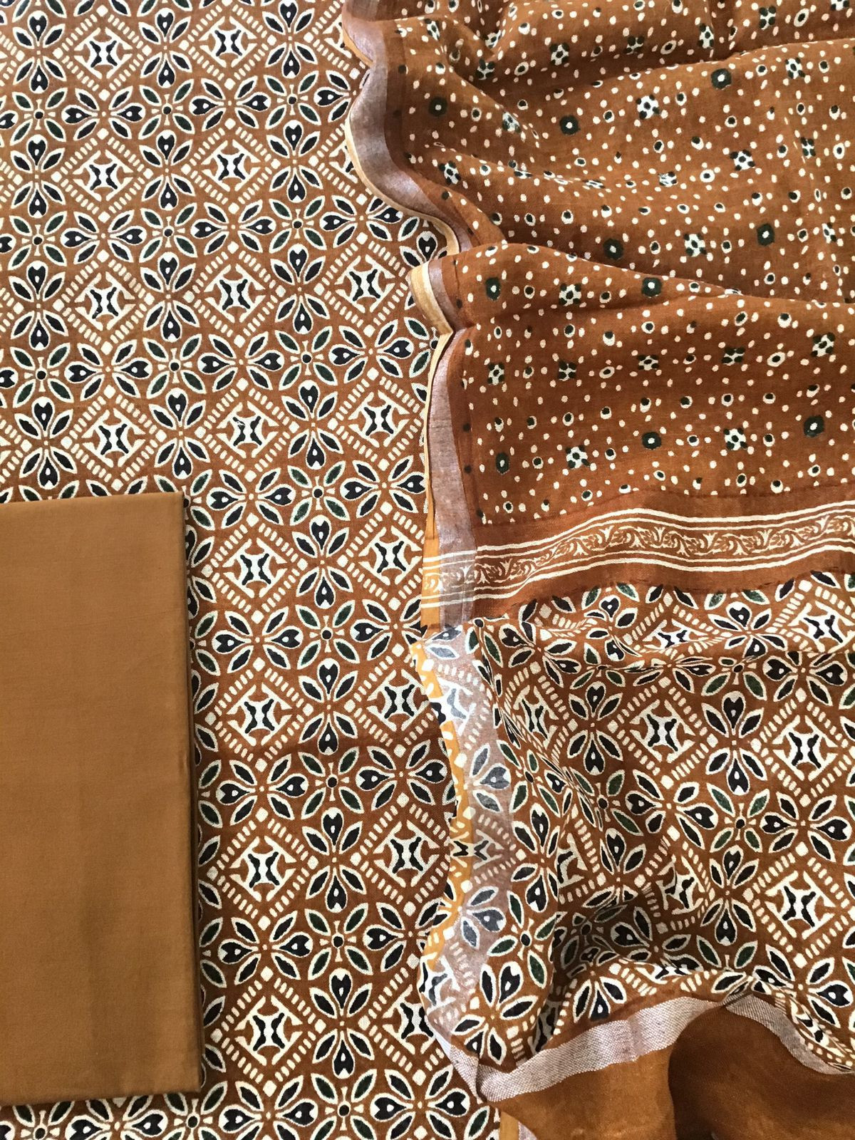 Pure Linen Jute Cotton Printed Suit - Brown