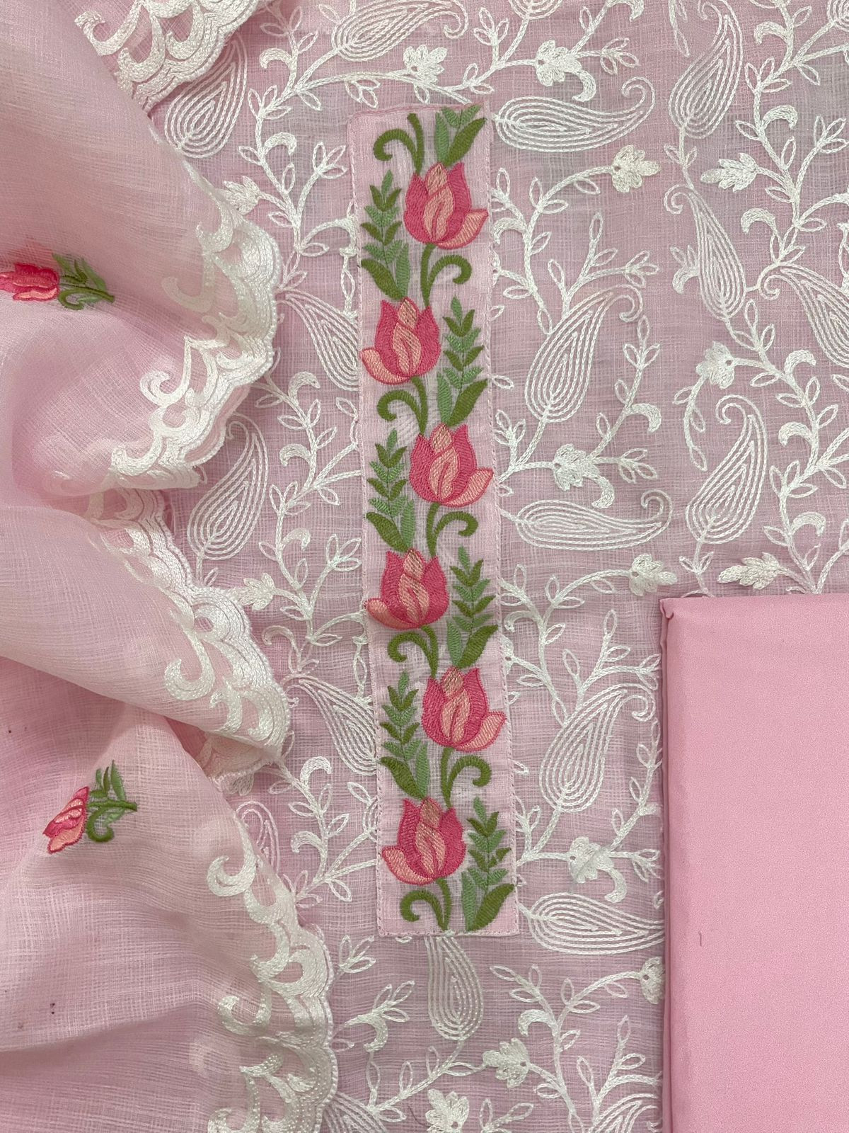 Soft Jute Kota Cotton Embroidered Suit - Pink