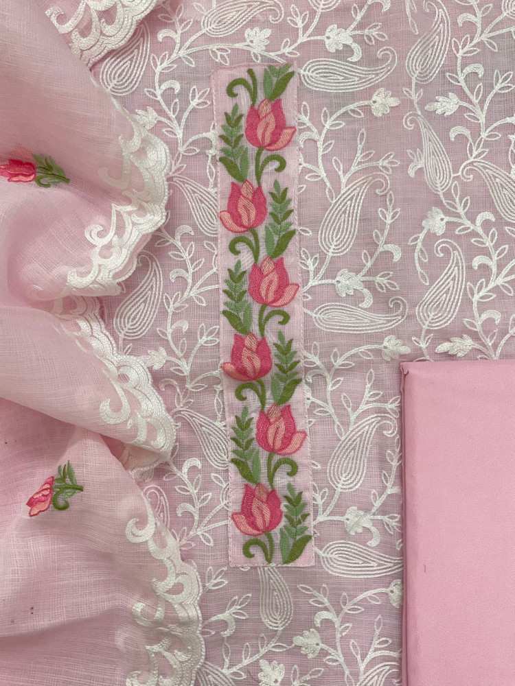 Image of Soft Jute Kota Cotton Embroidered Suit - Pink