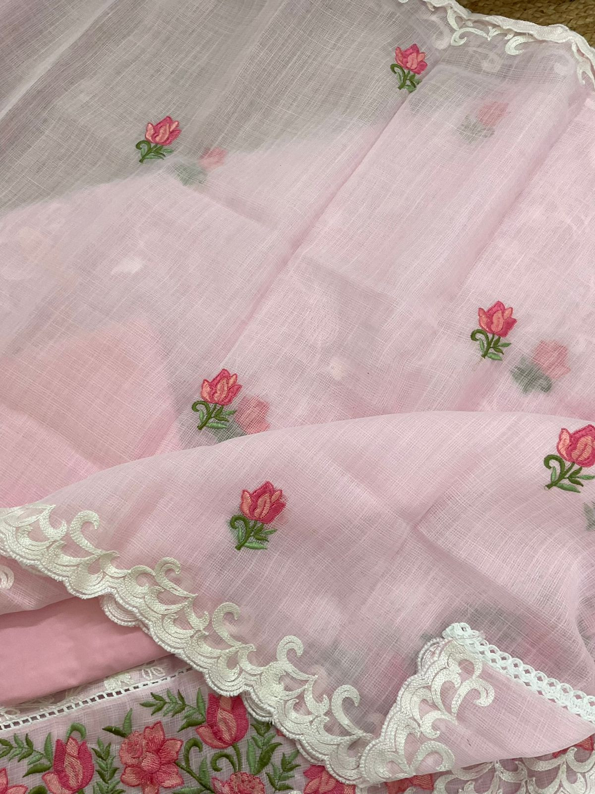 Soft Jute Kota Cotton Embroidered Suit - Pink