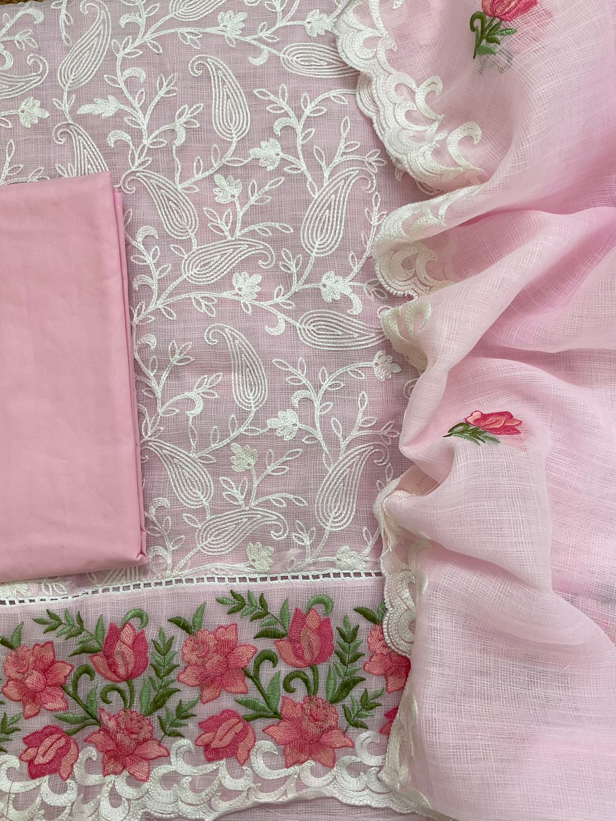 Soft Jute Kota Cotton Embroidered Suit - Pink