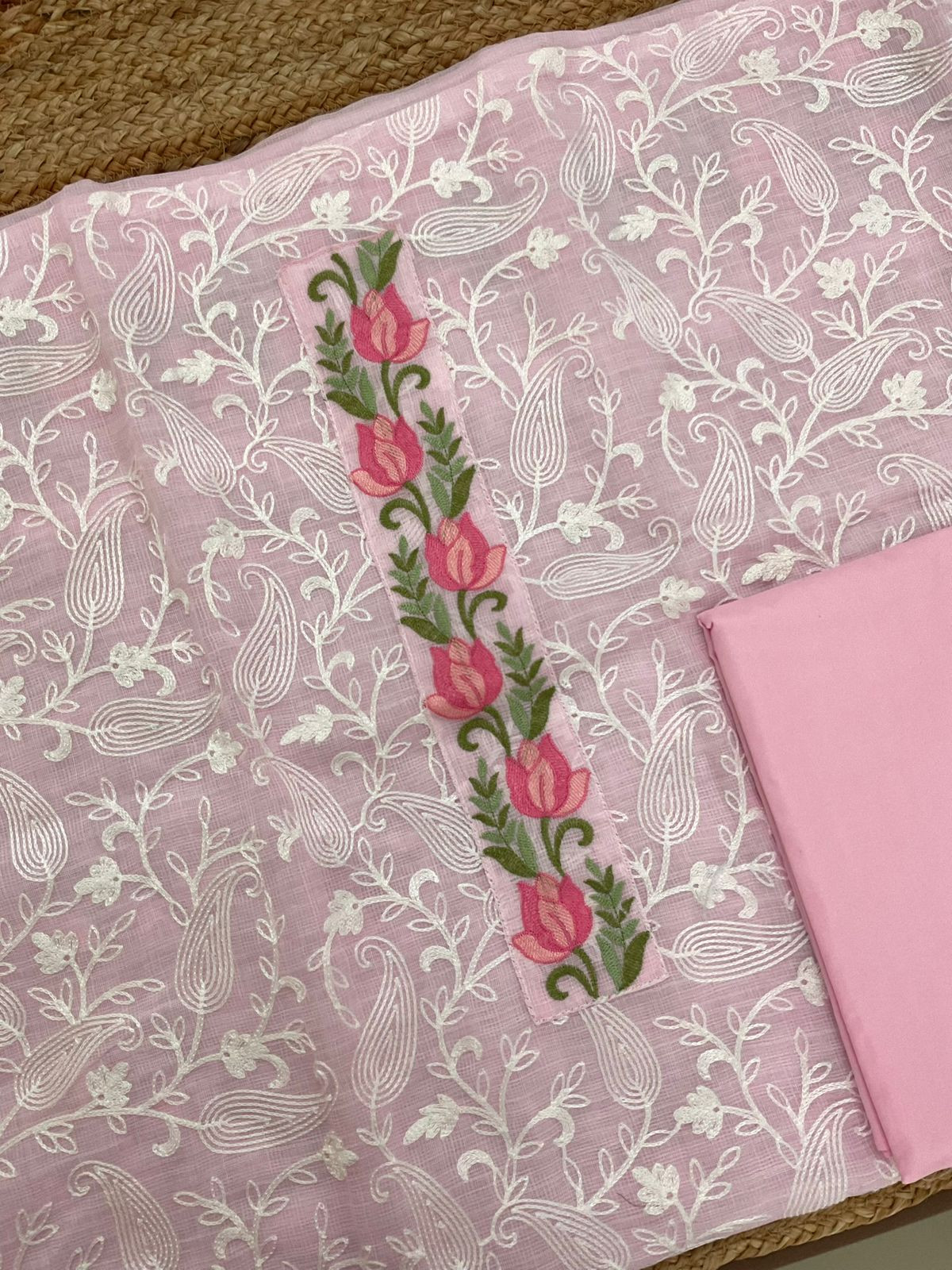 Soft Jute Kota Cotton Embroidered Suit - Pink