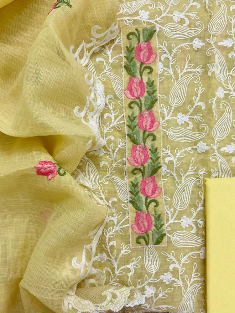 Image of Soft Jute Kota Cotton Embroidered Suit - Yellow