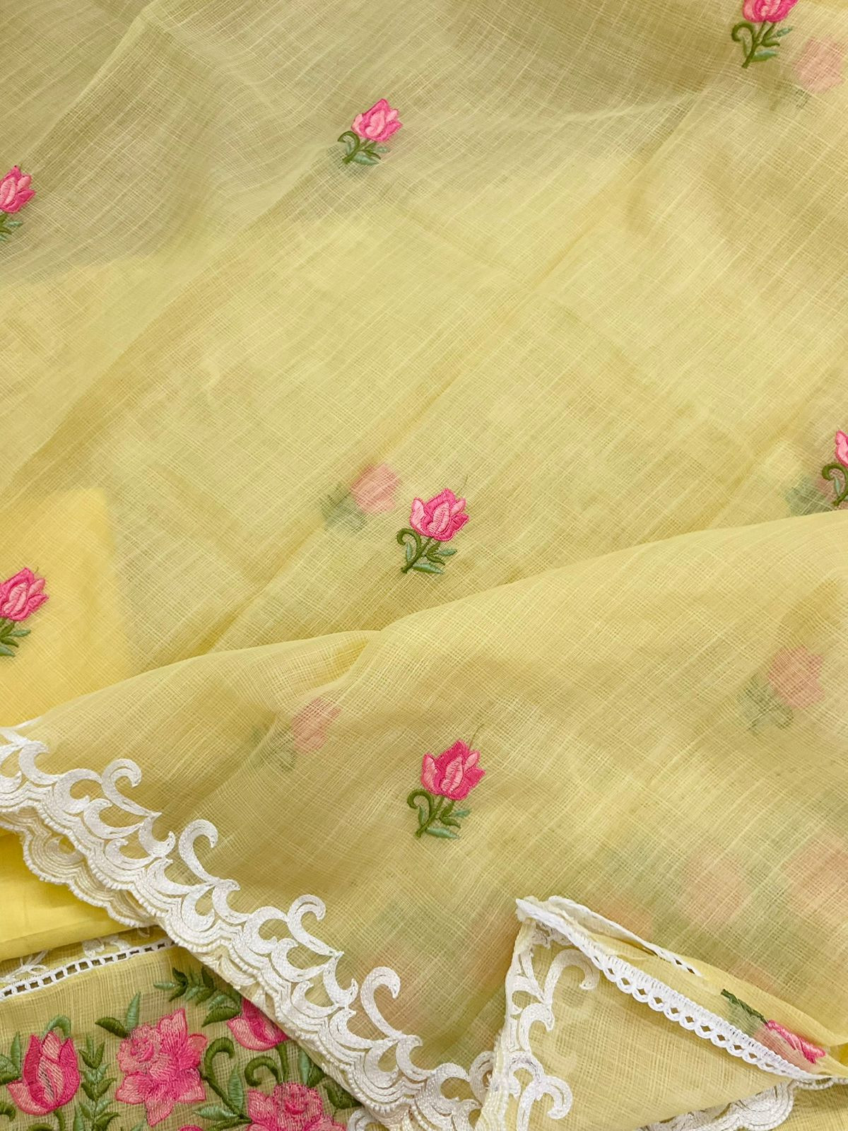 Soft Jute Kota Cotton Embroidered Suit - Yellow