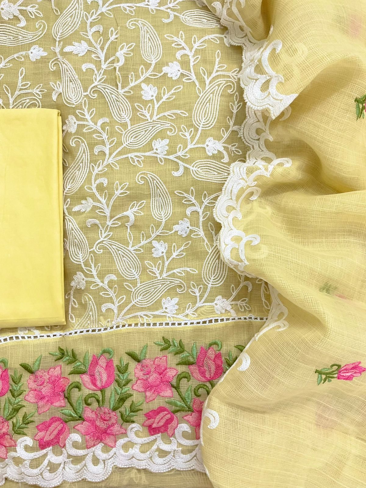 Soft Jute Kota Cotton Embroidered Suit - Yellow