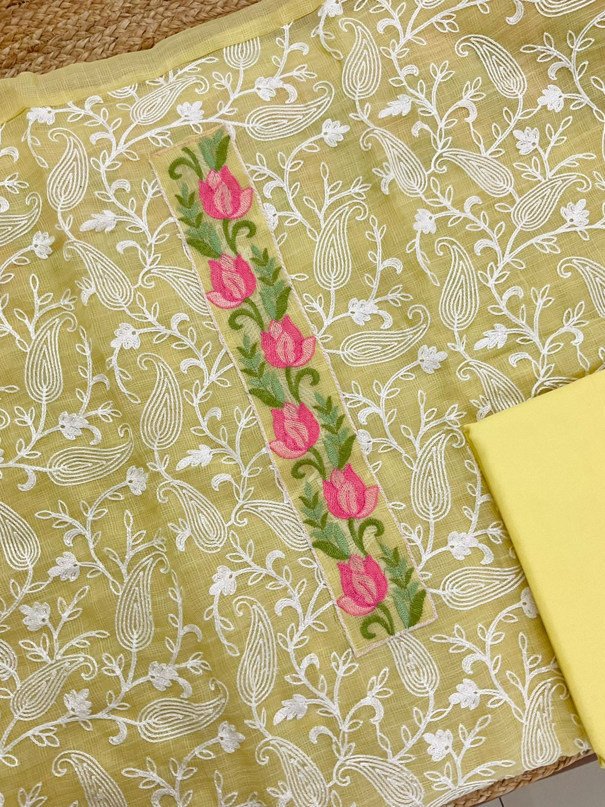 Soft Jute Kota Cotton Embroidered Suit - Yellow