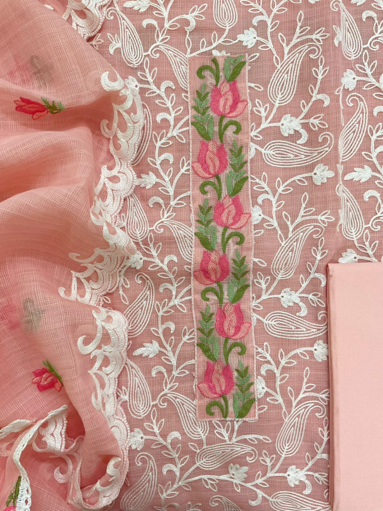 Image of Soft Jute Kota Cotton Embroidered Suit - Peach