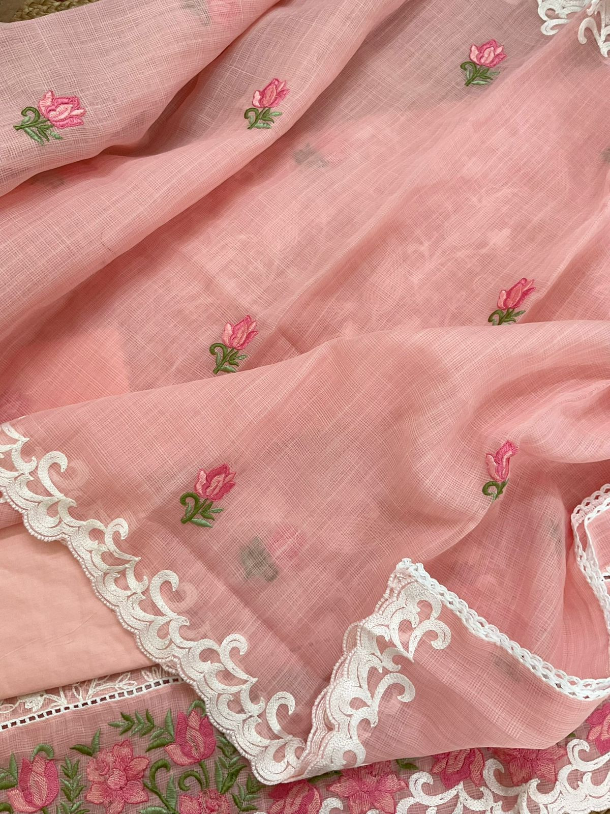 Soft Jute Kota Cotton Embroidered Suit - Peach