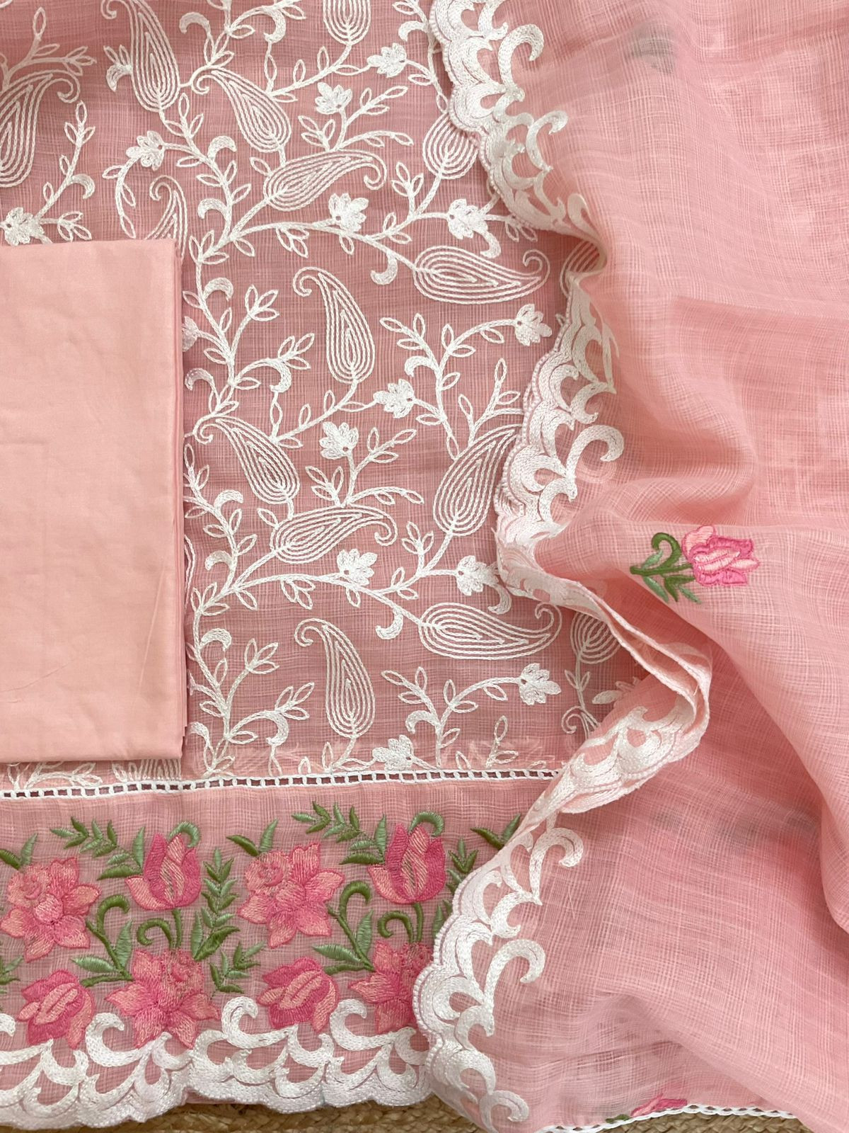 Soft Jute Kota Cotton Embroidered Suit - Peach