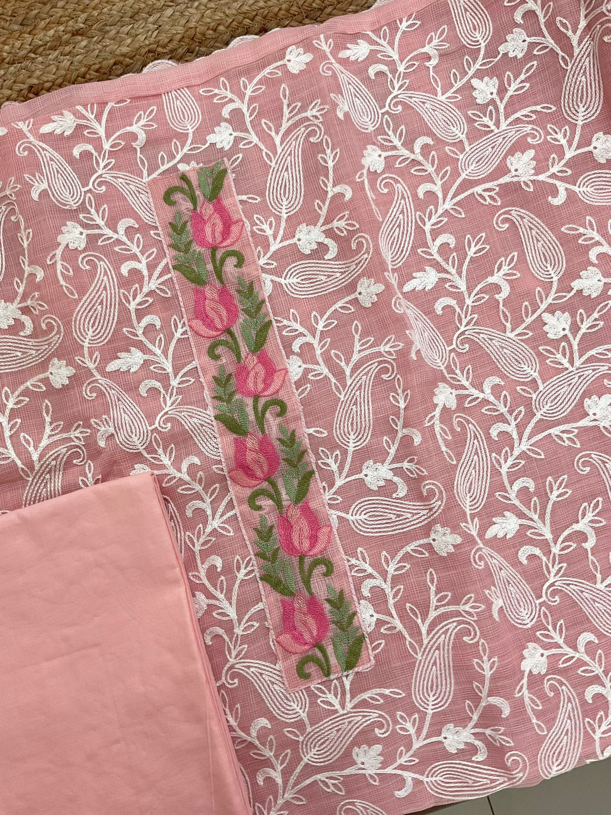 Soft Jute Kota Cotton Embroidered Suit - Peach