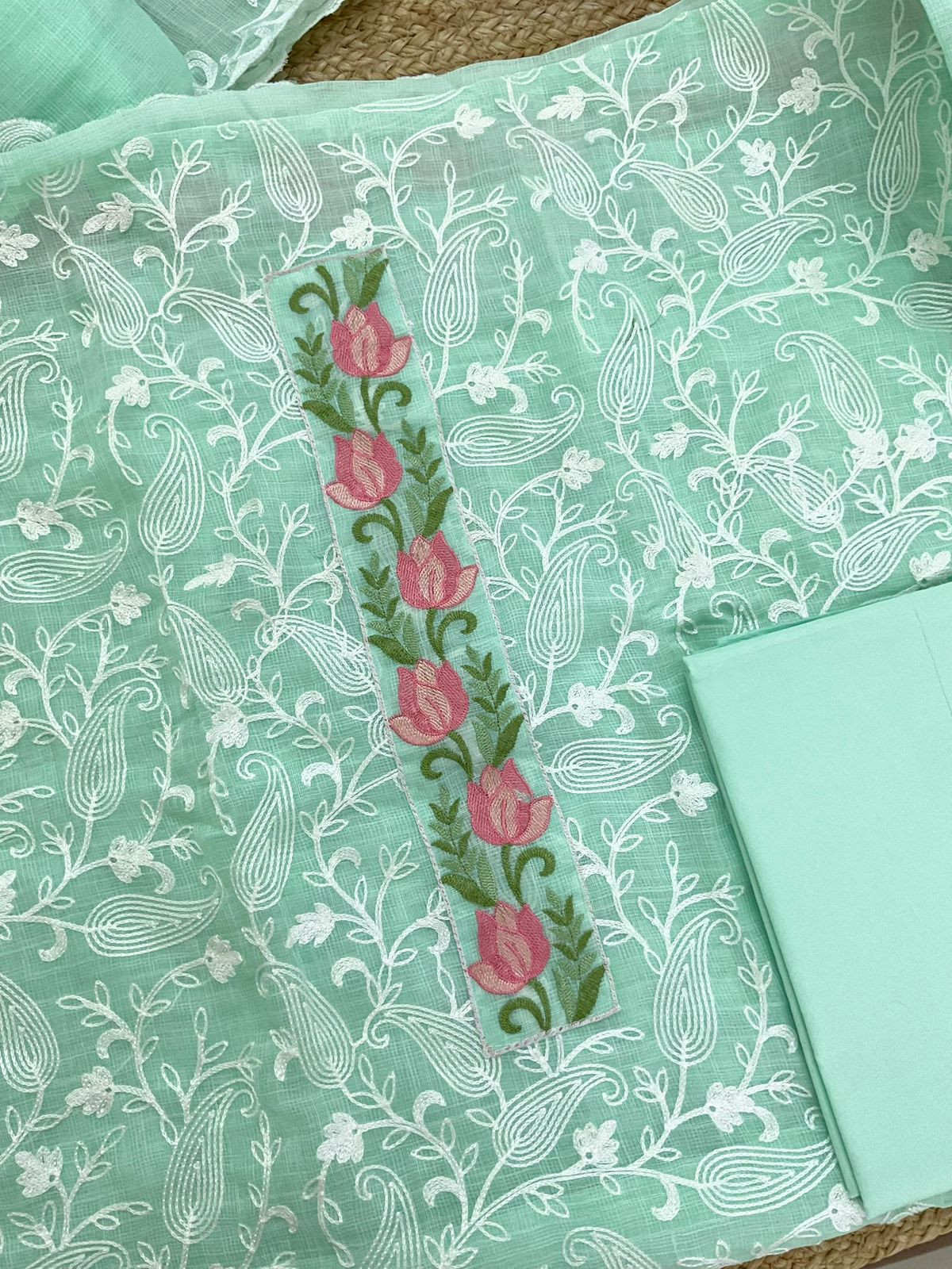 Soft Jute Kota Cotton Embroidered Suit - Green