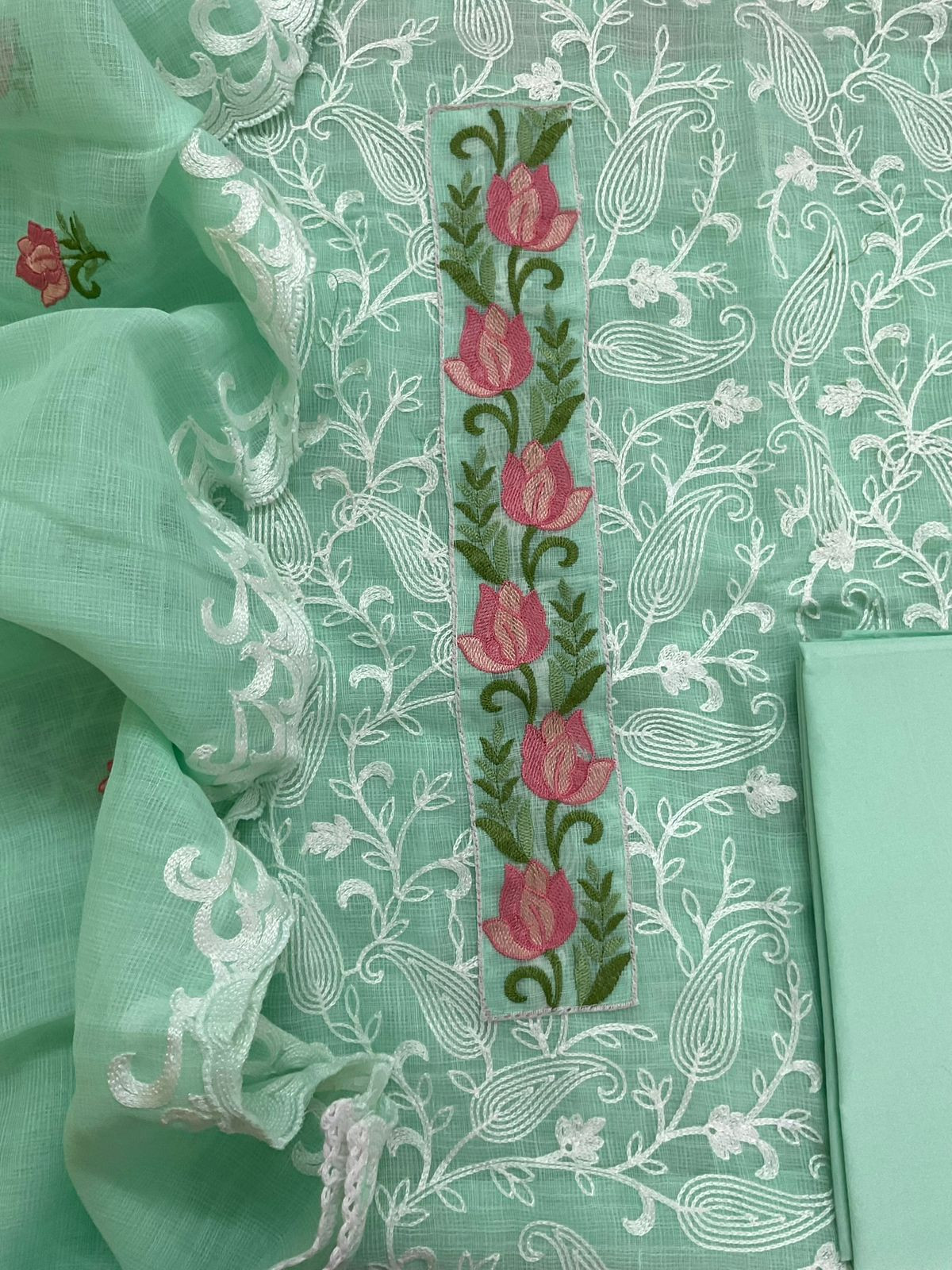 Soft Jute Kota Cotton Embroidered Suit - Green