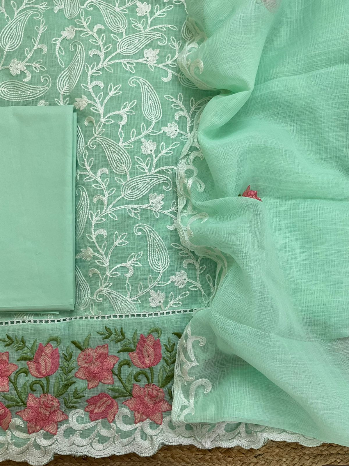 Soft Jute Kota Cotton Embroidered Suit - Green