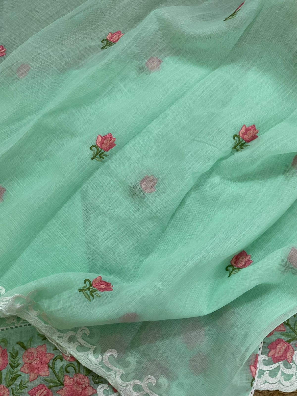 Soft Jute Kota Cotton Embroidered Suit - Green