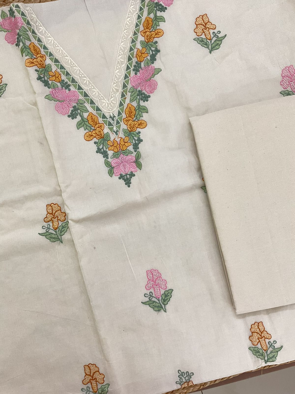 Pure Cotton Embroidered Suit - Cream