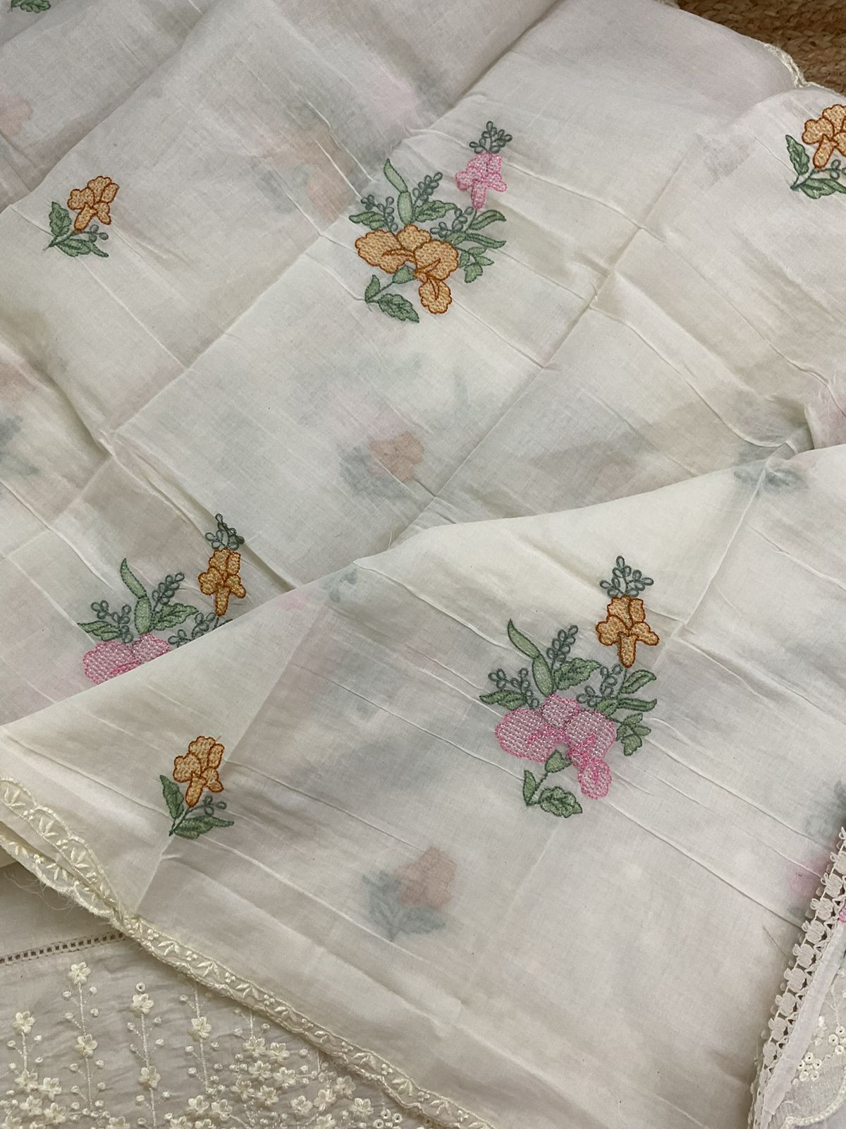 Pure Cotton Embroidered Suit - Cream