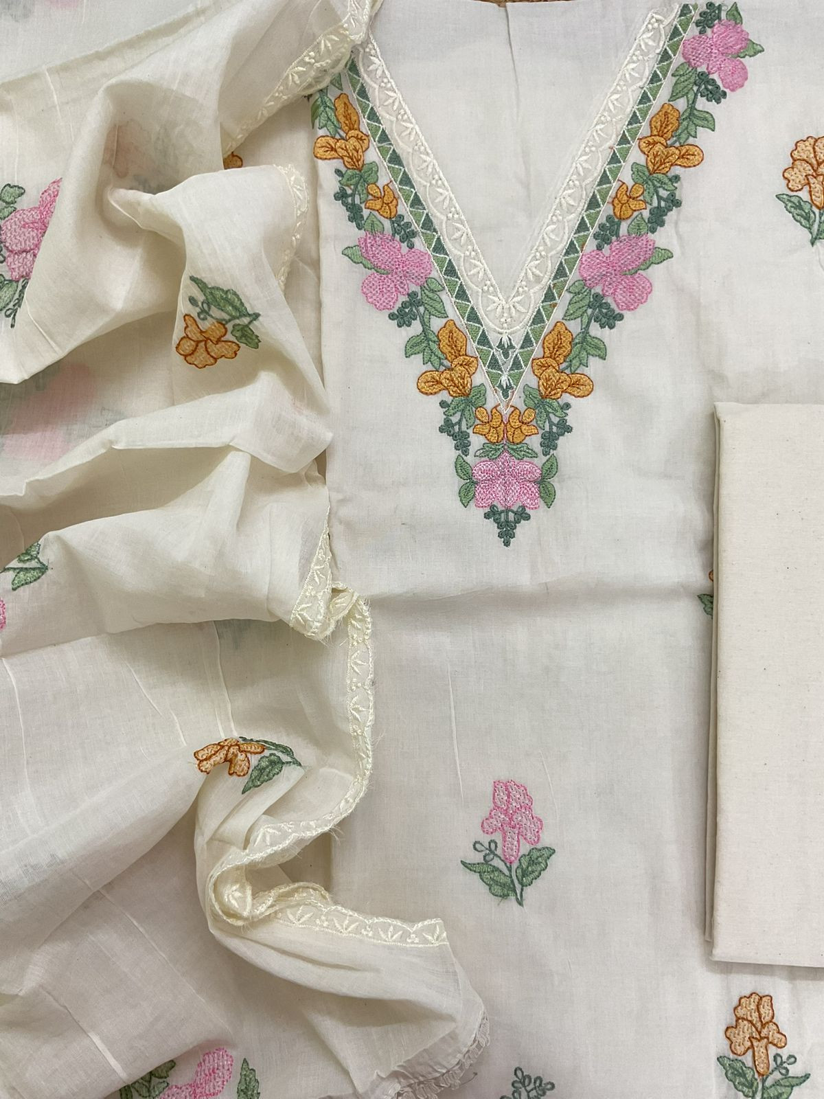 Pure Cotton Embroidered Suit - Cream