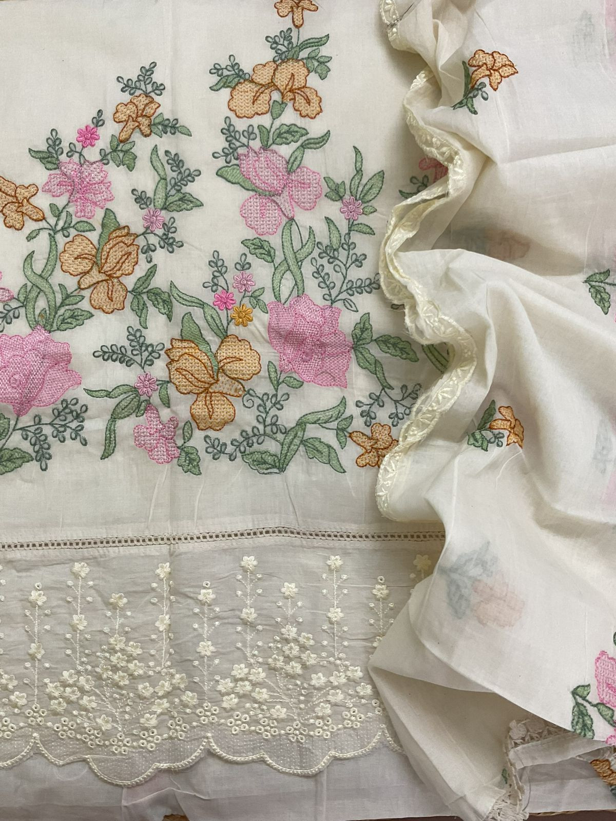 Pure Cotton Embroidered Suit - Cream