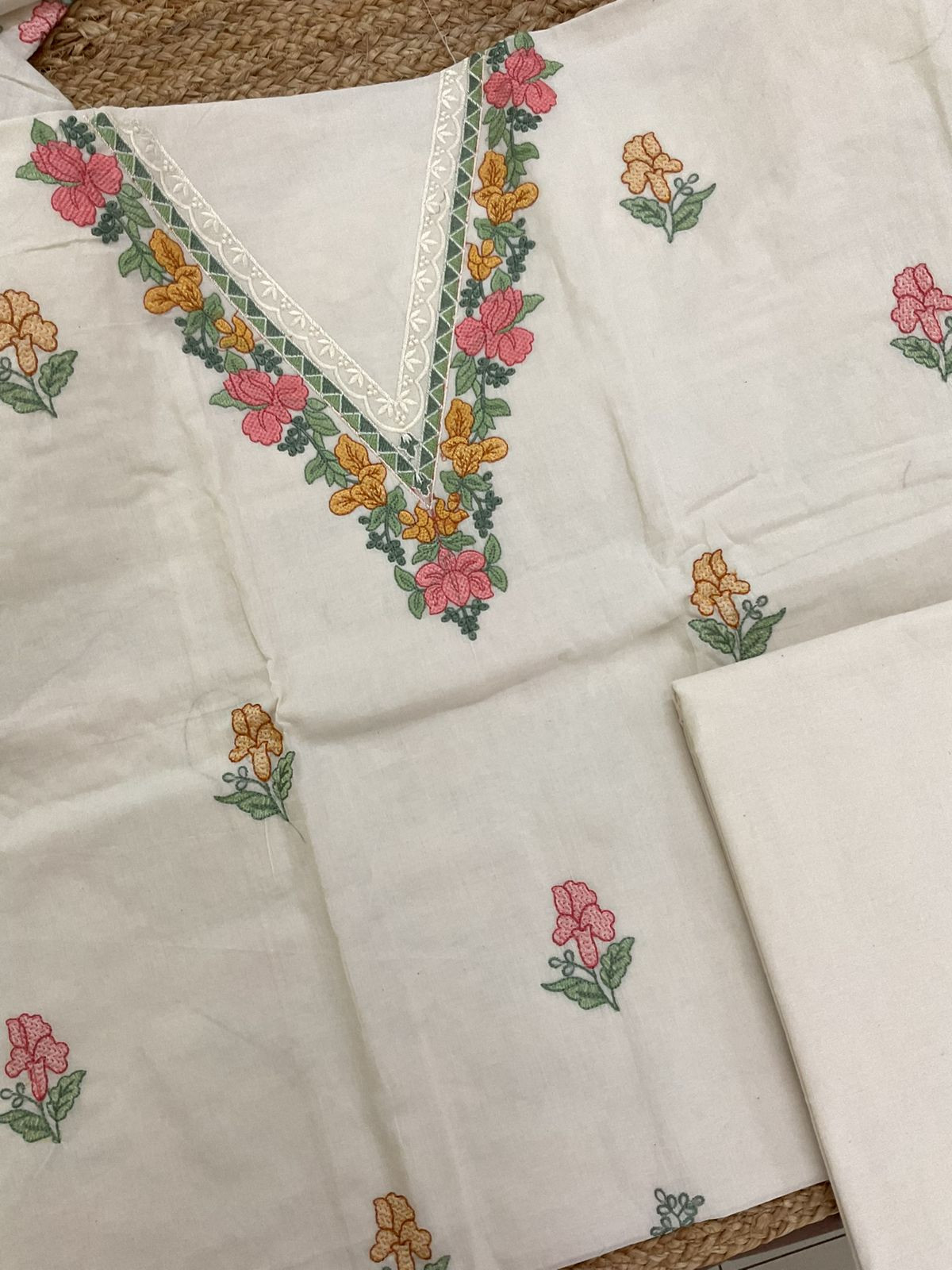 Pure Cotton Embroidered Suit - Cream