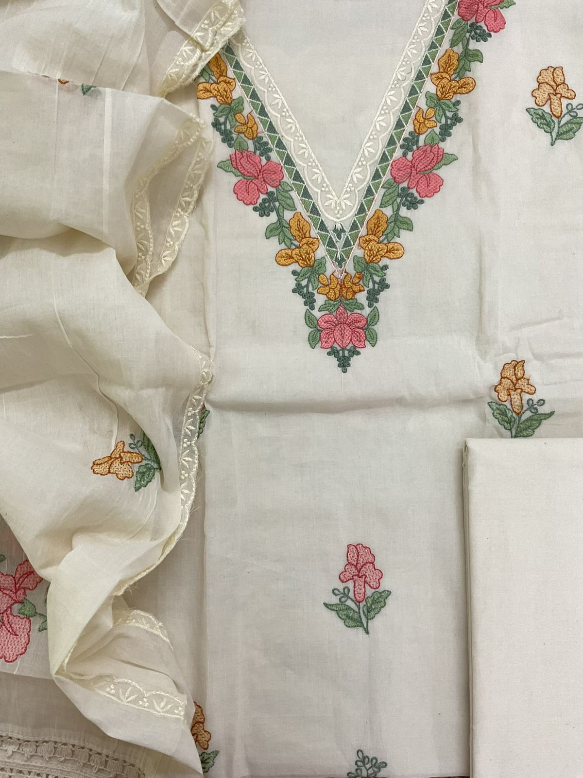Pure Cotton Embroidered Suit - Cream