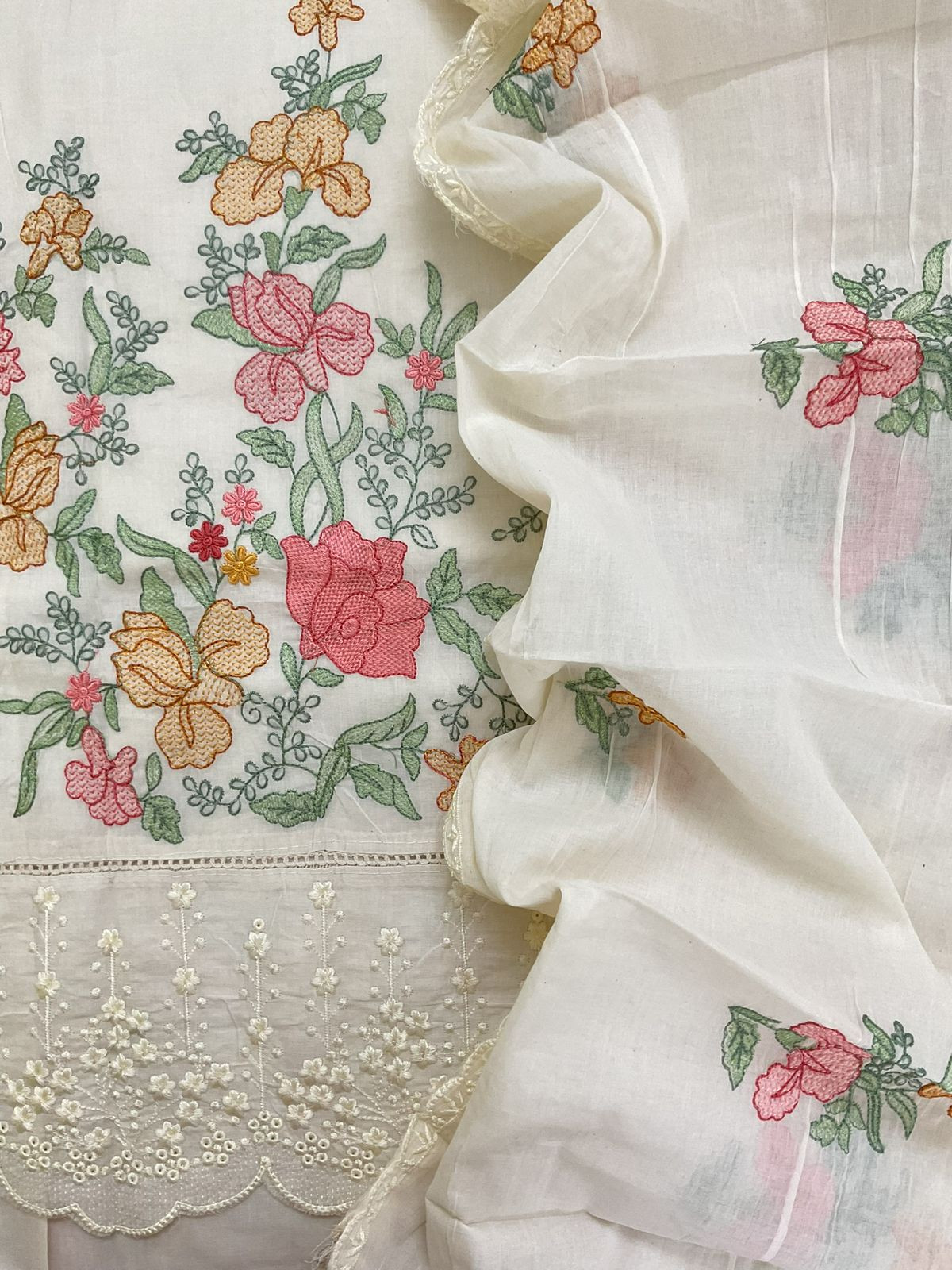 Pure Cotton Embroidered Suit - Cream