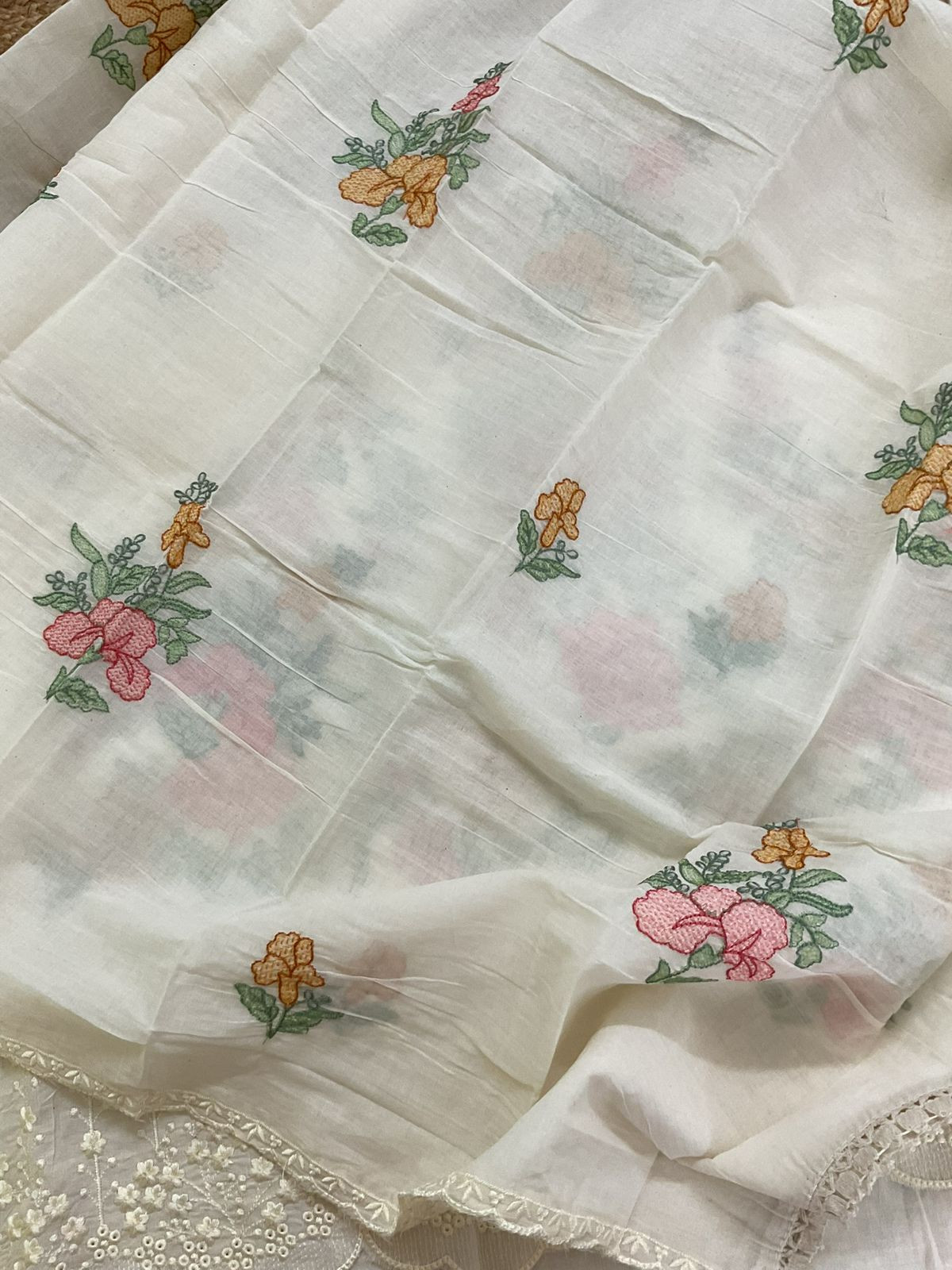 Pure Cotton Embroidered Suit - Cream