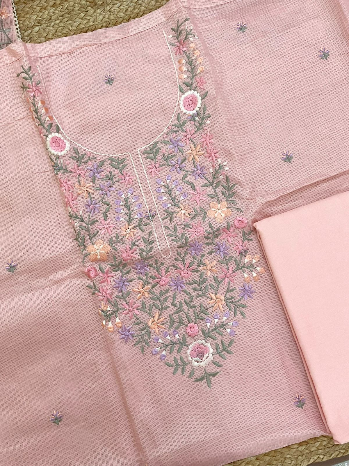 Soft Kota Silk Embroidered Suit - Peach