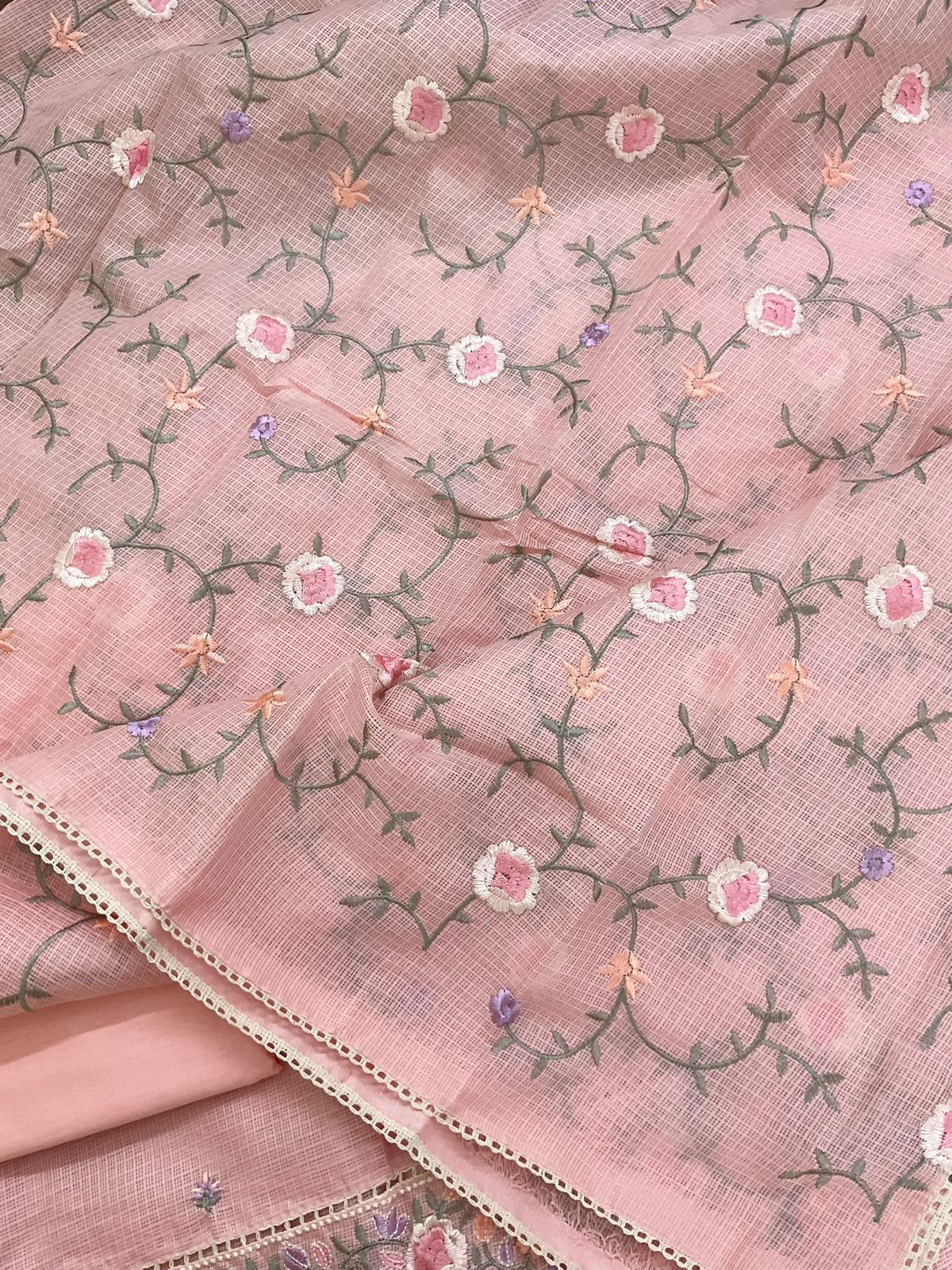 Soft Kota Silk Embroidered Suit - Peach