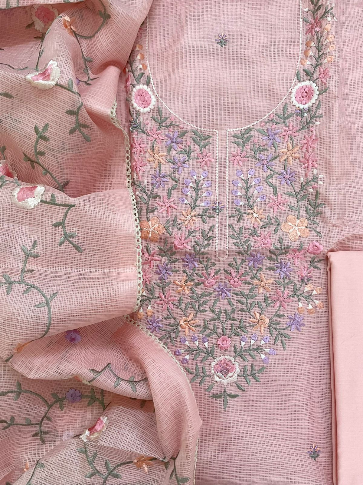 Soft Kota Silk Embroidered Suit - Peach