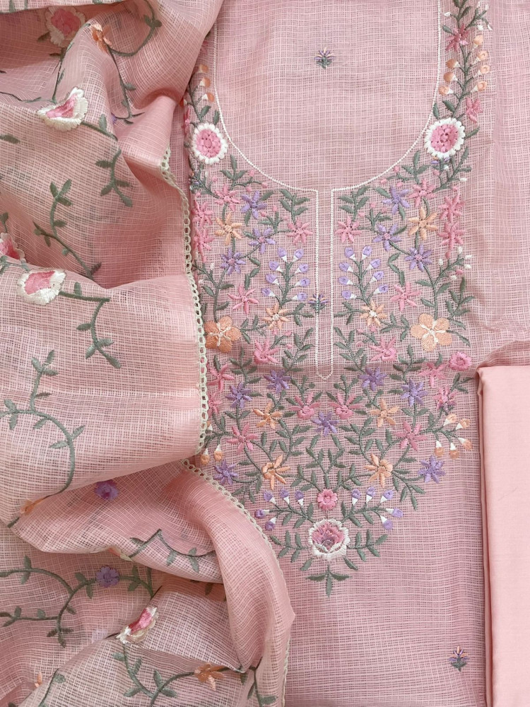 Image of Soft Kota Silk Embroidered Suit - Peach