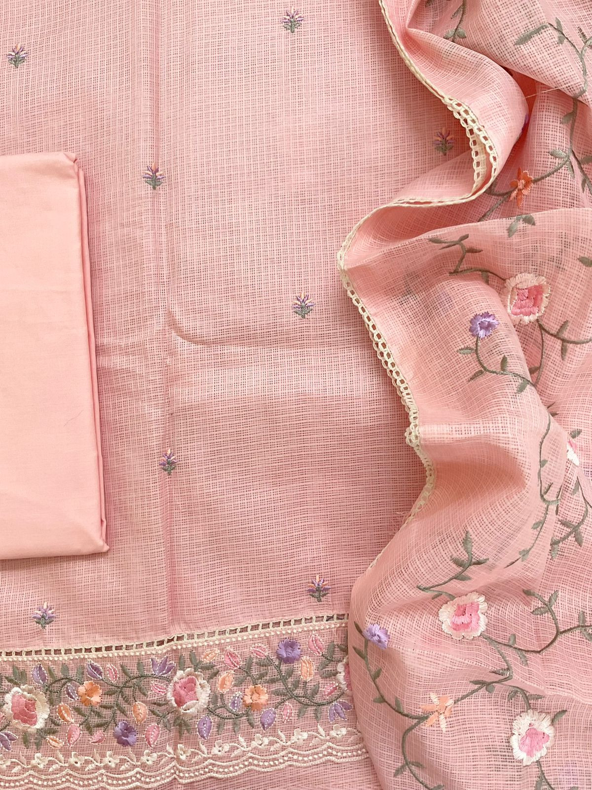 Soft Kota Silk Embroidered Suit - Peach