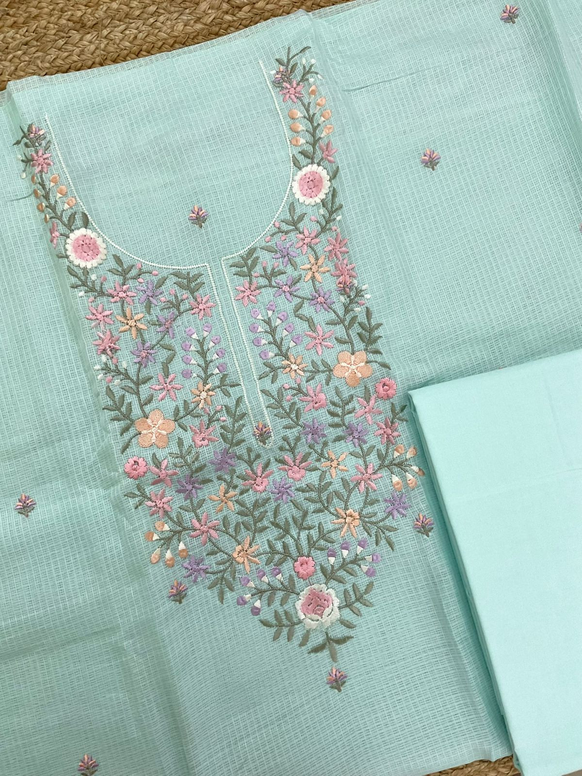 Soft Kota Silk Embroidered Suit - Blue