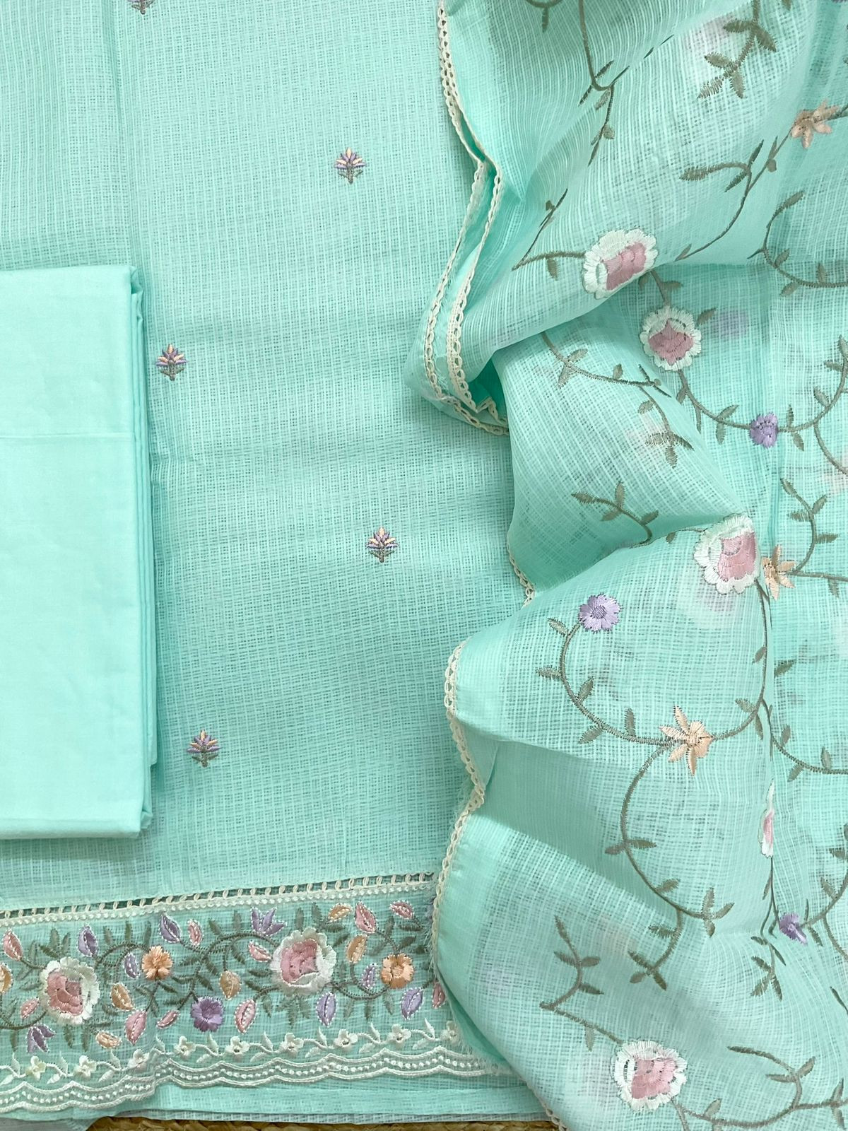 Soft Kota Silk Embroidered Suit - Blue