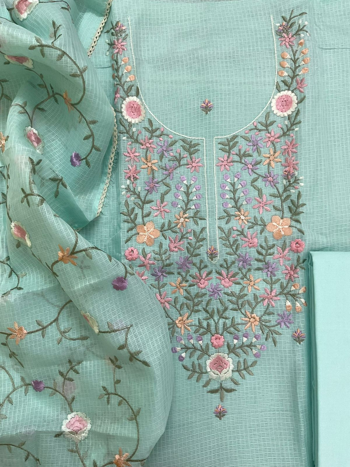 Soft Kota Silk Embroidered Suit - Blue