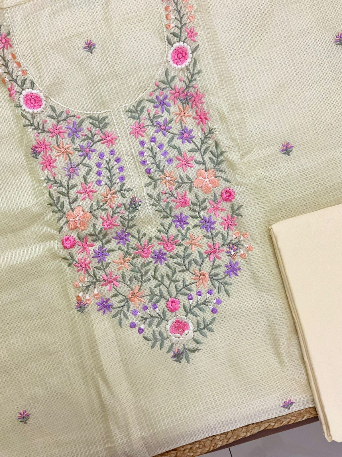 Soft Kota Silk Embroidered Suit - Yellow