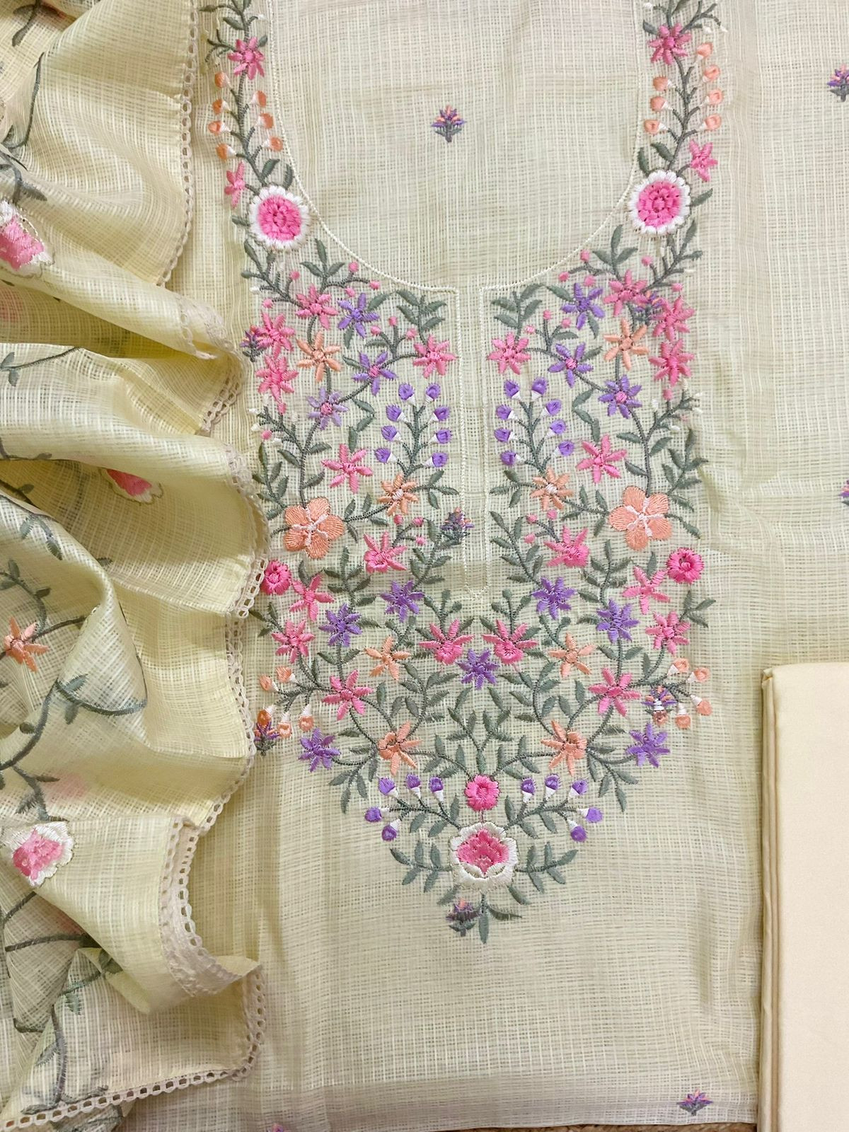 Soft Kota Silk Embroidered Suit - Yellow