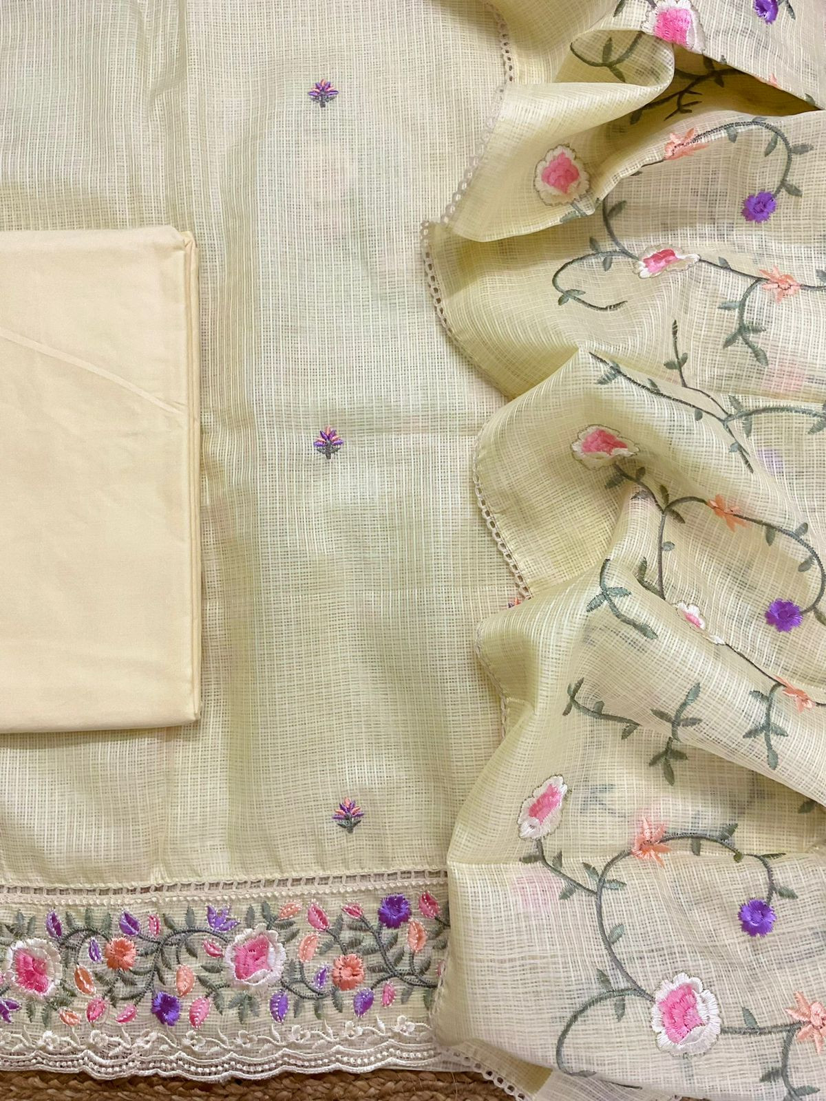 Soft Kota Silk Embroidered Suit - Yellow