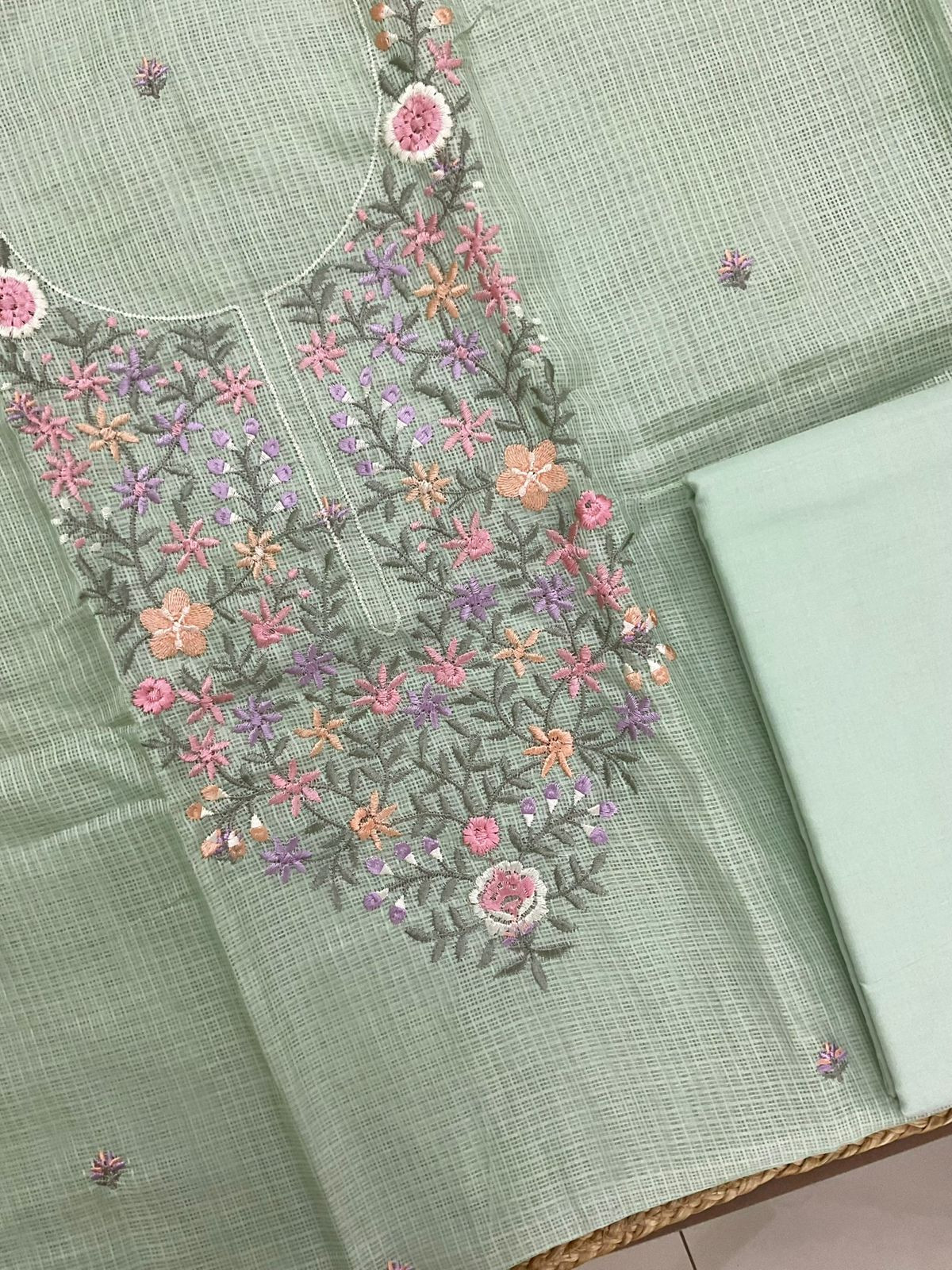 Soft Kota Silk Embroidered Suit - Green